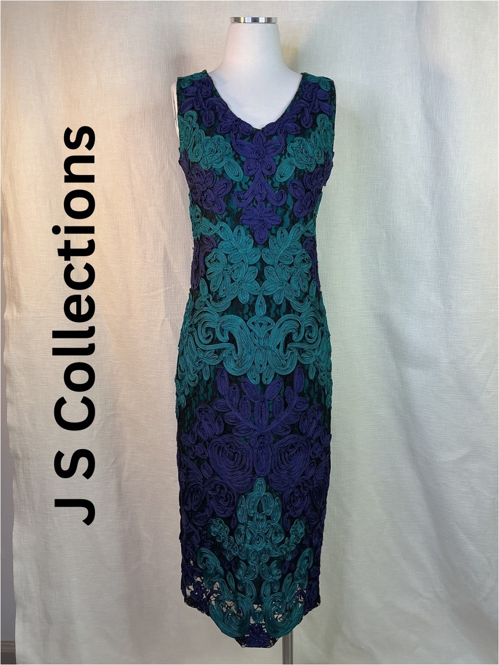 JS Collections Teal Purple Soutache Lace Midi Dress Size 8 Wedding Cocktail
